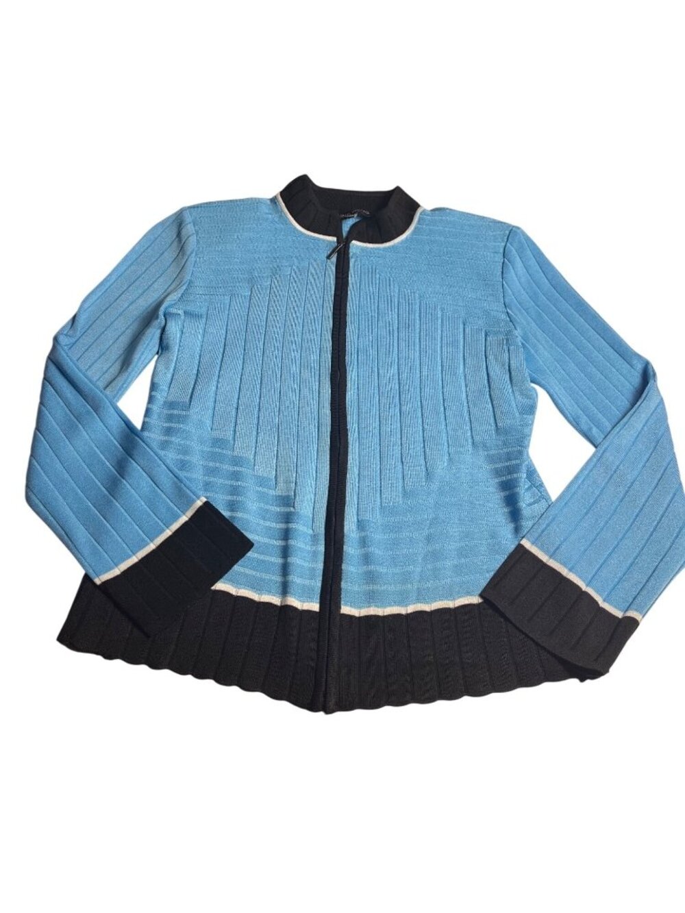 Ming Wang PS Sky Blue Black Colorblock Full Zip Ribbed Cardigan Sweater Jacket